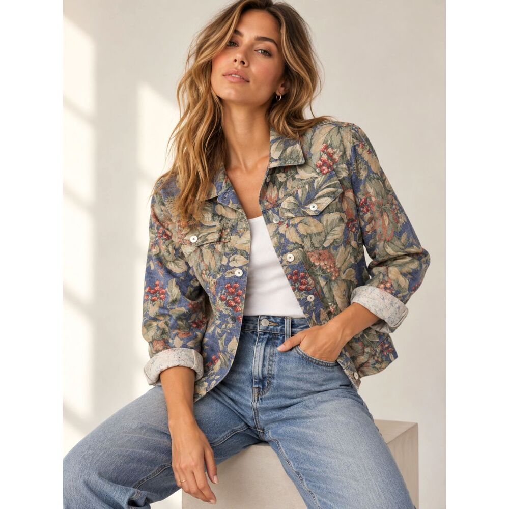 Vintage Norm Thompson Floral Chore Jacket Blue Botanical Cotton Utility Jacket M